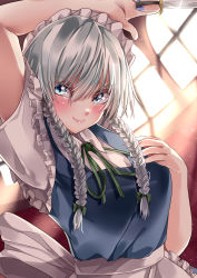 Rule 34 | 1girl, absurdres, apron, arm over head, arm up, back bow, between fingers, blue eyes, blue nails, blue vest, bow, braid, breasts, closed mouth, collared shirt, commentary, cowboy shot, frilled apron, frills, green ribbon, hair between eyes, highres, holding, holding knife, indoors, izayoi sakuya, knife, looking at viewer, mahoro (minase mahoro), maid, maid headdress, medium hair, nail polish, neck ribbon, ribbon, shirt, short sleeves, silver hair, smile, solo, sunlight, touhou, twin braids, vest, waist apron, white apron, white bow, white shirt, window