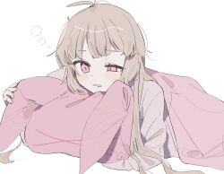 Rule 34 | 1girl, blush, commentary, drooling, half-closed eye, highres, light brown hair, long hair, long sleeves, mouth drool, natori sana, noyama (prosiuttooishi), pajamas, parted lips, pink blanket, pink eyes, pink pajamas, pink pillow, pink shirt, rabbit-shaped pillow, sana channel, shirt, simple background, sleepy, solo, squeans, white background