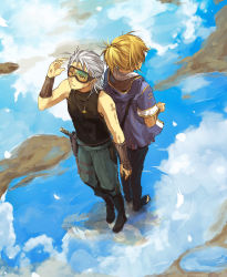 Rule 34 | 2boys, blonde hair, blood, day, gauntlets, goggles, male focus, multiple boys, nuriko-kun, original, puddle, reflection, silver hair, sky, weapon, yellow eyes