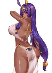 Rule 34 | 1girl, animal ears, armlet, ass, ass grab, back, bad id, bad twitter id, bare shoulders, blunt bangs, blush, bracelet, breasts, covered erect nipples, dark-skinned female, dark skin, earrings, egyptian clothes, facepaint, facial mark, fate/grand order, fate (series), gluteal fold, hair between eyes, hairband, highres, hoop earrings, jackal ears, jewelry, large breasts, long hair, looking at viewer, low-tied long hair, nipples, nitocris (fate), one-piece swimsuit, pelvic curtain, purple eyes, purple hair, revision, see-through, sidelocks, simple background, solo, spider apple, swimsuit, thighs, underboob, very long hair, white background, white one-piece swimsuit