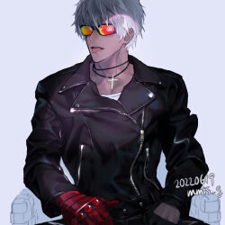 Rule 34 | 1boy, artist name, asymmetrical gloves, aviator sunglasses, black jacket, cross, cross necklace, dark skin, dated, english text, gloves, hair between eyes, jacket, jewelry, k&#039; (kof), long sleeves, male focus, mmts g, necklace, open mouth, short hair, simple background, solo, sunglasses, teeth, the king of fighters, the king of fighters for girls, tongue, tongue out, upper teeth only, white hair
