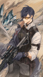 Rule 34 | 1boy, :|, arm out of sleeve, assault rifle, belt, belt pouch, black collar, blue coat, blue eyes, blue gloves, blue hair, brown belt, bulletproof vest, clarence clayden, closed mouth, coat, collar, cowboy shot, crystal, dark blue hair, gloves, grey pants, gun, highres, holding, holding gun, holding weapon, looking at viewer, lovebrush chronicles, male focus, mole, mole under eye, monster, official art, orange-tinted eyewear, outdoors, pants, popped collar, pouch, rifle, safety glasses, sand, scope, seomouse, serious, shirt, short hair, sideways glance, sleeve garter, sleeves rolled up, solo, standing, swept bangs, thigh belt, thigh strap, tinted eyewear, trigger discipline, watch, weapon, weibo logo, weibo username, white shirt, wristband, wristwatch