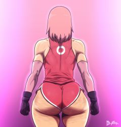 Rule 34 | 1girl, artist name, ass, ass focus, bare shoulders, black gloves, d-art, dolphin shorts, female focus, from behind, gloves, haruno sakura, highres, huge ass, muscular, muscular female, muscular, naruto (series), naruto shippuuden, naruto shippuuden, pink background, pink hair, pink theme, short hair, short shorts, shorts, sleeveless, solo, thick thighs, thighs, toned, wide hips