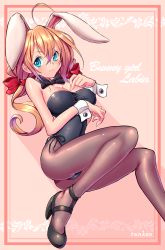 Rule 34 | 1girl, ahoge, animal ears, bare shoulders, black bow, black bowtie, black footwear, black pantyhose, black ribbon, blonde hair, blue eyes, blush, bow, bowtie, breasts, cleavage, fake animal ears, female focus, hair between eyes, hair ribbon, hand on own chest, highres, large breasts, leotard, looking at viewer, original, pantyhose, playboy bunny, rabbit ears, ranken, red ribbon, ribbon, shoes, simple background, skin tight, smile, solo, twintails, wrist cuffs