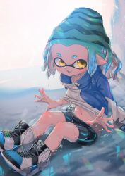 Rule 34 | 1girl, :d, bad id, bad twitter id, beanie, bike shorts, black footwear, black hat, black shorts, blue footwear, blue hair, blue hat, blue jacket, clothes lift, commentary, day, dripping, hat, high collar, highres, inkling, inkling (language), inkling girl, inkling player character, jacket, jacket lift, kashu (hizake), laces, long sleeves, looking at viewer, medium hair, nintendo, no socks, open mouth, outdoors, pointy ears, puddle, shiny skin, shoes, short eyebrows, short twintails, shorts, sidelocks, single vertical stripe, sitting, smile, sneakers, solo, splatoon (series), splatoon 2, sunlight, tentacle hair, thick eyebrows, twintails, water, wet, wet clothes, wet hair, white background, white footwear, white jacket, yellow eyes
