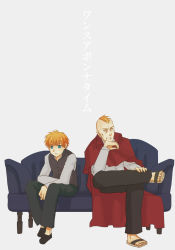 Rule 34 | 2boys, arm support, blue eyes, couch, dual persona, larten crepsley, multiple boys, necktie, red hair, sandals, sayoshi, scar, short hair, sitting, the saga of darren shan, the saga of larten crepsley, vampire, vest, aged down