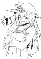 Rule 34 | !, 1girl, absurdres, braid, choker, copyright request, crossed arms, dress, fingernails, flower, greyscale, hat, hat flower, highres, long fingernails, long hair, looking at viewer, monochrome, open mouth, reiga (act000), sharp teeth, simple background, solo, spoken exclamation mark, sun hat, sundress, teeth, white background, wristband