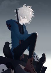 Rule 34 | 1boy, ankle boots, artist name, bird, black pants, blood, boots, commentary request, crow, cuts, danganronpa (series), danganronpa 2: goodbye despair, from side, gradient background, green jacket, grey background, grey hair, highres, holding, holding weapon, hood, hood down, hooded jacket, injury, jacket, knee up, komaeda nagito, long sleeves, looking at viewer, mechanical arms, messy hair, pants, red footwear, single mechanical arm, sitting, solo, weapon, zi (murasaki0615)