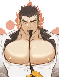 Rule 34 | 1boy, aizen (tokyo houkago summoners), bara, bare pecs, between pecs, black hair, blush, bursting pecs, covered erect nipples, facial mark, fire, forehead mark, formal, gomtang, in mouth, jacket, large pectorals, licking, long sideburns, male focus, mature male, muscular, muscular male, nipple slip, nipples, open clothes, open jacket, open mouth, pectorals, pov, saliva, saliva trail, sexually suggestive, short hair, sideburns, solo focus, suit, sweatdrop, tokyo houkago summoners, upper body, white suit