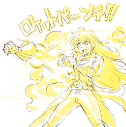 Rule 34 | 1girl, alternate costume, blonde hair, breasts, cleavage, color connection, commentary request, iesupa, long hair, medium breasts, prosthesis, prosthetic arm, rocket punch, rwby, sketch, smoke, solo, translation request, yang xiao long