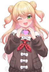 Rule 34 | 1girl, ;d, absurdres, blonde hair, blush, brown cardigan, cardigan, commentary request, double-parted bangs, double bun, fang, green eyes, hair between eyes, hair bun, heart, heart hands, highres, hololive, long hair, long sleeves, looking at viewer, momosuzu nene, momosuzu nene (casual), neckerchief, official alternate costume, one eye closed, open mouth, red neckerchief, sailor collar, shirt, simple background, smile, solo, suicabar72, twitter username, two side up, upper body, virtual youtuber, watermark, white background, white sailor collar, white shirt