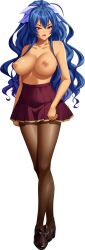 Rule 34 | 1girl, absurdres, ahoge, akagi rio, blue hair, breasts, brown footwear, frown, full body, high-waist skirt, high ponytail, highres, kutsujoku, large breasts, loafers, long hair, looking at viewer, miniskirt, nipples, non-web source, nude, official art, open mouth, pantyhose, pleated skirt, purple eyes, red skirt, shoes, skirt, solo, standing, tachi-e, topless, toujou mahiro, transparent background, wavy hair