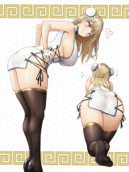 Rule 34 | 1girl, ass, bare shoulders, bent over, black thighhighs, blonde hair, blue eyes, blush, breasts, bun cover, china dress, china dress girl (oekakizuki), chinese clothes, cleavage, cleavage cutout, closed mouth, clothing cutout, commentary request, cross-laced clothes, double bun, dress, from behind, gloves, gluteal fold, hair bun, half gloves, highres, large breasts, legs, long hair, looking at viewer, mole, mole on breast, multiple views, musical note, no panties, no shoes, oekakizuki, original, pelvic curtain, revealing clothes, side slit, sideboob, skindentation, smile, thighhighs, thighs, underboob, white gloves