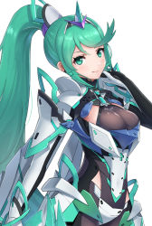 Rule 34 | 1girl, armor, breasts, cowboy shot, earrings, female focus, gloves, gonzarez, green eyes, green hair, hair ornament, headpiece, highres, jewelry, large breasts, long hair, looking at viewer, matching hair/eyes, nintendo, pneuma (xenoblade), ponytail, simple background, smile, solo, spoilers, swept bangs, tiara, white background, xenoblade chronicles (series), xenoblade chronicles 2