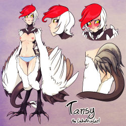 Rule 34 | 1girl, ass, blush, breasts, embarrassed, harpy, monster girl, multicolored hair, my pet tentacle monster, panties, red hair, striped clothes, striped panties, tail, talons, tsurime, two-tone hair, underwear, webbed hands, white hair, winged arms, wings, yellow eyes