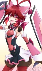 Rule 34 | 1girl, antenna hair, artist name, bare shoulders, blush stickers, bodysuit, claw (weapon), cosplay, dated, detached sleeves, doll joints, highres, joints, kiraki, long hair, micha jawkan, open mouth, red eyes, red hair, senki zesshou symphogear, sharp teeth, shorts, skirt, smile, solo, teeth, tsukuyomi shirabe, tsukuyomi shirabe (cosplay), twintails, weapon, white background