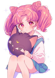 Rule 34 | 1girl, bishoujo senshi sailor moon, blue skirt, blush, bow, cat, chibi usa, closed mouth, commentary, cone hair bun, convenient leg, crescent, double bun, earrings, feet out of frame, frown, hair bun, highres, invisible chair, jewelry, long hair, long sleeves, looking at viewer, lq saku, luna-p, miniskirt, parted bangs, pink hair, pleated skirt, pointy hair, red eyes, sailor collar, shirt, simple background, sitting, skirt, solo, sparkle, symbol-only commentary, toy, twintails, white background, white shirt