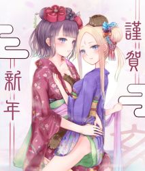 Rule 34 | 2girls, abigail williams (fate), animal, ass, between breasts, black bow, blonde hair, blue eyes, blunt bangs, boar, bow, breasts, chinese zodiac, collarbone, commentary request, egasumi, fate/grand order, fate (series), fingernails, floral print, forehead, hair bow, hair bun, hair ornament, highres, japanese clothes, katsushika hokusai (fate), kimono, kinom (sculpturesky), long hair, looking at viewer, looking to the side, multiple girls, obi, orange bow, parted bangs, petals, print kimono, purple hair, purple kimono, red kimono, sash, side bun, sidelocks, single hair bun, single side bun, small breasts, undressing, year of the pig
