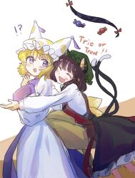 Rule 34 | !?, 2girls, :o, absurdres, animal ear piercing, animal ears, blonde hair, blue tabard, breasts, brown hair, candy, cat ears, cat tail, chen, closed eyes, dress, earrings, english text, engrish text, extra ears, feet out of frame, food, fox ears, fox tail, frills, from side, gap (touhou), hand up, hands up, happy, hat, highres, hug, hug from behind, jewelry, leaning forward, long sleeves, looking at another, looking to the side, minus (sr mineka), mob cap, multiple girls, multiple tails, nekomata, open mouth, puffy long sleeves, puffy sleeves, purple eyes, ranguage, short hair, simple background, single earring, small breasts, smile, surprised, tabard, tail, touhou, two tails, white background, white dress, yakumo ran