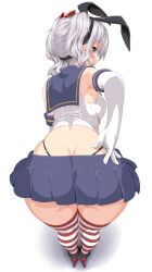 Rule 34 | 1girl, ass, blue eyes, blue sailor collar, blue skirt, blush, breasts, butt crack, cosplay, crop top, dd (ijigendd), elbow gloves, gloves, grey hair, hairband, highleg, highleg panties, highres, kantai collection, kashima (kancolle), large breasts, long hair, looking at viewer, looking back, microskirt, panties, sailor collar, shimakaze (kancolle), shimakaze (kancolle) (cosplay), skirt, solo, striped clothes, striped thighhighs, thighhighs, thighs, twintails, underwear, white gloves