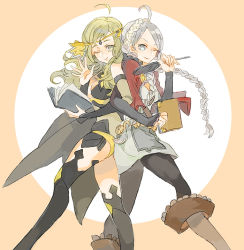Rule 34 | 2girls, ;), ahoge, back-to-back, black legwear, blonde hair, book, boots, braid, breasts, cape, center opening, circlet, cleavage, dress, fire emblem, fire emblem fates, grey hair, hairband, locked arms, long hair, multiple girls, nina (fire emblem), nintendo, one eye closed, ophelia (fire emblem), short dress, shourou kanna, simple background, smile, thighhighs, twin braids