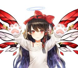 Rule 34 | 1girl, :3, animal hands, arms up, blush, bow, closed mouth, collarbone, detached wings, eyebrows, floating, floating object, gloves, gradient hair, hair bow, hair ornament, halo, heart, kim eb, long hair, long sleeves, looking at viewer, multicolored hair, paw gloves, purple hair, red bow, red eyes, simple background, solo, sweater, upper body, very long hair, white background, white gloves, wings, x hair ornament