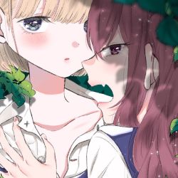 Rule 34 | 2girls, blonde hair, blunt bangs, blurry, blurry foreground, blush, depth of field, fang, fingernails, girls in the hell, kawai rou, long hair, looking at viewer, multiple girls, open mouth, parted lips, purple eyes, purple vest, red eyes, red hair, short hair, vest