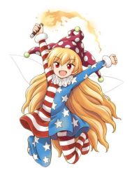 Rule 34 | 1girl, american flag dress, american flag legwear, american flag shirt, arms up, blonde hair, clownpiece, collar, dress, fairy wings, frilled collar, frilled shirt collar, frills, hat, hirasaka makoto, jester cap, long hair, lowres, neck ruff, official art, open mouth, pantyhose, polka dot, red eyes, short dress, simple background, solo, striped clothes, striped dress, striped pantyhose, torch, touhou, touhou sangetsusei, very long hair, white background, wings