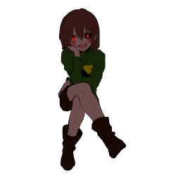Rule 34 | 1other, :d, blush, boots, brown footwear, brown hair, brown shorts, chara (undertale), crossed legs, full body, green shirt, green sweater, hand on own face, heterochromia, huton0309, long sleeves, looking at viewer, open mouth, red eyes, shirt, short hair, shorts, sitting, smile, solo, sweater, third-party edit, undertale