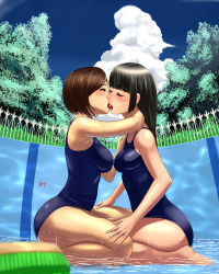 Rule 34 | 2girls, arm around neck, bare arms, bare shoulders, barefoot, black hair, blurry, blurry foreground, blush, brown hair, cleaning brush, closed eyes, cloud, day, empty pool, french kiss, from side, full body, hug, kiss, long hair, multiple girls, one-piece swimsuit, original, outdoors, partially submerged, pool, school swimsuit, seiza, short hair, sitting, sky, swimsuit, tenji, tongue, tree, wariza, water, yuri