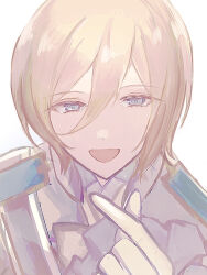 Rule 34 | 1boy, bishounen, blonde hair, blue eyes, blue jacket, colored eyelashes, ensemble stars!, finger heart, gloves, grey background, highres, jacket, looking at viewer, male focus, multicolored clothes, multicolored jacket, ntec231, short hair, sketch, solo, tenshouin eichi, white gloves, white jacket