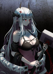 Rule 34 | 1girl, arknights, bare shoulders, bikini, black background, black bikini, breasts, cleavage, closed mouth, collarbone, cowboy shot, flower, gradient background, grey background, grey hair, hair flower, hair ornament, hammer, highres, holding, holding hammer, holding weapon, horns, large breasts, long hair, looking away, material growth, mudrock (arknights), mudrock (silent night) (arknights), navel, official alternate costume, open clothes, oripathy lesion (arknights), red eyes, samacho, solo, swimsuit, very long hair, weapon, white flower, white hair