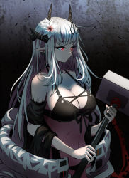 1girl arknights bare_shoulders bikini black_background black_bikini breasts cleavage closed_mouth collarbone cowboy_shot flower gradient_background grey_background grey_hair hair_flower hair_ornament hammer highres holding holding_hammer holding_weapon horns large_breasts long_hair looking_away material_growth mudrock_(arknights) mudrock_(silent_night)_(arknights) navel official_alternate_costume open_clothes oripathy_lesion_(arknights) red_eyes samacho solo swimsuit very_long_hair weapon white_flower white_hair