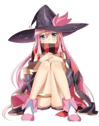 Rule 34 | 1girl, asukai mao, bare shoulders, blue eyes, cape, hat, hexagram, highres, legs, long hair, long legs, looking at viewer, murakami yuichi, off shoulder, official art, pink hair, scarf, sitting, solo, thigh strap, unsimulated incubator, very long hair, white background, witch hat