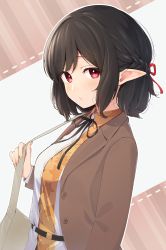 Rule 34 | 1girl, :/, adapted costume, bag, black hair, braid, breasts, brown jacket, french braid, half updo, highres, jacket, kanpa (campagne 9), light blush, looking at viewer, medium breasts, no headwear, open clothes, open jacket, pointy ears, red eyes, shameimaru aya, short hair, shoulder bag, simple background, solo, swept bangs, touhou, upper body, white background