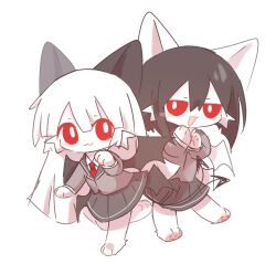 Rule 34 | 2girls, :3, animal ears, animal feet, animal hands, arbus (funamusea), ater (funamusea), bat wings, black hair, bright pupils, cat ears, cat girl, chibi, closed mouth, collared shirt, colored skin, commentary, demon tail, english commentary, funamusea, furry, furry female, grey jacket, haiiro teien, hair between eyes, jacket, long hair, looking at another, multiple girls, open mouth, own hands together, paw pose, red eyes, shirt, short hair, simple background, tail, tsz ju2mao1, whiskers, white background, white hair, white pupils, white shirt, white skin, wings