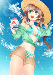 Rule 34 | 1girl, bad id, bad pixiv id, bikini, brown hair, cropped jacket, day, food, green eyes, hat, highres, jacket, lens flare, long hair, looking up, navel, open fly, original, shaved ice, shiny skin, shorts, sky, smile, solo, straw hat, striped bikini, striped clothes, swimsuit, takashina taaa, twintails, unzipped