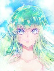 Rule 34 | 1girl, blue eyes, c.c., code geass, collarbone, completely nude, floating hair, green hair, long hair, looking at viewer, nude, portrait, smile, solo, sumi otto