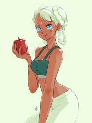 Rule 34 | 1girl, absurdres, aobito sukoyaka bystander, apple, blue eyes, braid, braided hair rings, breasts, cleavage, clothing request, dark-skinned female, dark skin, double bun, eating, food, fruit, gundam, gundam g no reconguista, hair bun, hair rings, highres, holding, holding food, holding fruit, licking lips, midriff, pants, raraiya monday, small breasts, solo, tongue, tongue out, white background, white pants