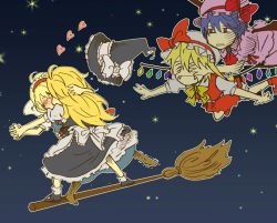 Rule 34 | 4girls, alice margatroid, bad id, bad pixiv id, blonde hair, blue hair, broom, broom surfing, charin, couple, covering privates, covering another&#039;s eyes, covering face, covering own eyes, dress, female focus, flandre scarlet, flat color, flying, hairband, hat, heart, holding hands, kirisame marisa, kiss, mob cap, multiple girls, outdoors, red eyes, remilia scarlet, short hair, skirt, sky, star (symbol), touhou, trembling, vampire, wings, witch, witch hat, yuri