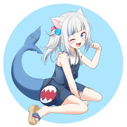 Rule 34 | 1girl, ;d, animal ears, bare arms, bare shoulders, between legs, blue background, blue eyes, blue hair, blunt bangs, blush, cat ears, collarbone, commentary, felutiahime, fins, fish tail, gawr gura, gawr gura (casual), hair ornament, hand between legs, hand up, highres, hololive, hololive english, kneeling, long hair, looking at viewer, multicolored hair, official alternate costume, one eye closed, one side up, open mouth, overalls, sandals, shark tail, sharp teeth, sitting, sleeveless, smile, solo, streaked hair, tail, teeth, upper teeth only, virtual youtuber, wariza