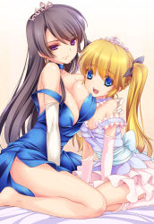 Rule 34 | 2girls, age difference, arm grab, arm support, bare shoulders, barefoot, bed, black hair, blonde hair, blue dress, blue eyes, blush, breast press, breasts, choker, cleavage, crown, diadem, dress, earrings, elbow gloves, evening gown, female focus, gloves, hair ribbon, happy, hug, jewelry, kneeling, large breasts, legs, long hair, looking at viewer, monety, multiple girls, necklace, open mouth, original, pink gloves, purple eyes, purple hair, ribbon, sitting, small breasts, smile, strap slip, twintails, white gloves, yuri