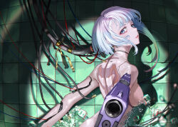 Rule 34 | 1girl, absurdres, android, blush, breasts, convenient censoring, cyberpunk (series), cyberpunk edgerunners, from behind, grey hair, gun, highres, ice, ice cube, looking at viewer, looking back, lucy (cyberpunk), mechanical parts, medium breasts, nude, parted lips, short hair, smile, solo, tile wall, tiles, tooku0, upper body, weapon, wire