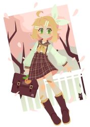 Rule 34 | 1girl, :o, ahoge, bag, bandaid, bandaid on knee, bandaid on leg, black cat, blonde hair, bow, bow hairband, briefcase, brown bag, brown collar, brown footwear, brown skirt, cat, cherry blossoms, chestnut mouth, collar, collared shirt, commentary, dutch angle, falling petals, green eyes, hair bow, hair ornament, hairband, hairclip, highres, holding, holding bag, holding briefcase, kagamine rin, long sleeves, neckerchief, no lineart, overall skirt, pac-man eyes, petals, plaid, plaid collar, plaid skirt, projecttiger, school uniform, shirt, short hair, skirt, socks, solo, symbol-only commentary, tree, vocaloid, white bow, white shirt, wide sleeves, yellow neckerchief, yellow socks