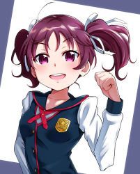 Rule 34 | 10s, 1girl, absurdres, bangs, breasts, clenched hand, commentary request, hair ribbon, highres, igarashi kyouhei, kazuno leah, long hair, long sleeves, looking at viewer, love live!, love live! sunshine!!, pink eyes, purple hair, ribbon, school uniform, seisen school uniform, small breasts, solo, upper body, white ribbon