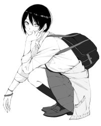 Rule 34 | 1girl, bag, blush, bracelet, breast pocket, closed mouth, collared shirt, earrings, from side, full body, greyscale, hand up, highres, jewelry, looking at viewer, looking to the side, mole, mole under eye, monochrome, original, pleated skirt, pocket, school bag, shirt, shoes, short hair, shoulder bag, simple background, skirt, smile, socks, solo, squatting, vice (kuronekohadokoheiku), white background