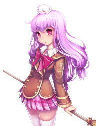 Rule 34 | 1girl, :&lt;, blazer, blush, blush stickers, bow, broom, collared shirt, cowboy shot, hair between eyes, head tilt, holding, holding broom, jacket, kamdia, long hair, long sleeves, looking at viewer, lying, o o, on head, on stomach, pangya, parted lips, pink bow, pink skirt, plaid, plaid skirt, pleated skirt, purple hair, red eyes, shirt, simple background, skirt, thighhighs, tiki (pangya), white background, white shirt, white thighhighs, wing collar