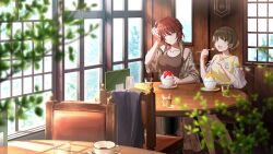 Rule 34 | 2girls, aketa mikoto, bare shoulders, blonde hair, bowl, brain freeze, breasts, brown eyes, brown hair, cafe, chair, cleavage, clothes on object, coffee cup, collarbone, cup, day, dessert, disposable cup, eating, food, glass, gradient hair, green eyes, green hair, hair between eyes, hair over shoulder, half updo, highres, holding, holding spoon, idolmaster, idolmaster shiny colors, idolmaster shiny colors song for prism, indoors, jacket, loose clothes, loose hair strand, medium breasts, medium hair, menu, multicolored eyes, multicolored hair, multiple girls, nanakusa nichika, off shoulder, official alternate hairstyle, official art, one eye closed, open mouth, parted lips, plant, plate, shaved ice, shhis (idolmaster), short hair, sidelocks, sitting, sleeveless, spoon, spoon straw, sunlight, sweatdrop, syrup, table, tank top, unworn jacket, upper body, window