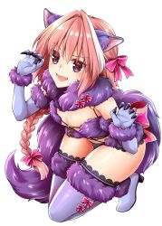Rule 34 | 1boy, animal ears, asazuki norito, astolfo (fate), bad id, bad twitter id, bare shoulders, blush, bow, braid, claw pose, claws, cosplay, elbow gloves, fate/apocrypha, fate/grand order, fate (series), full body, fur-trimmed gloves, fur-trimmed legwear, fur collar, fur trim, gloves, hair between eyes, hair intakes, halloween costume, long braid, long hair, looking at viewer, male focus, mash kyrielight, mash kyrielight (dangerous beast), mash kyrielight (dangerous beast) (cosplay), multicolored hair, o-ring, official alternate costume, open mouth, pink bow, pink hair, purple eyes, purple gloves, purple legwear, revealing clothes, simple background, single braid, snowflake print, solo, streaked hair, tail, thighs, trap, white background, wolf ears, wolf tail