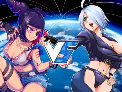 Rule 34 | abs, ahoge, angel (kof), blunt bangs, breasts, chaps, choker, cleavage, cropped jacket, crossover, drill hair, eyepatch, fingerless gloves, gloves, grey eyes, hair over one eye, han juri, hand on own hip, highres, jacket, large breasts, leather, leather jacket, mexico, open mouth, purple eyes, snk, street fighter, street fighter v, takumi watanuki, the king of fighters, the king of fighters xiv, toned, twin drills, white hair, yocchan5732